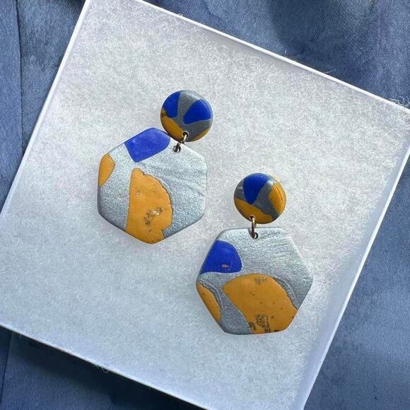 Chunky boho statement earrings handmade silver gold yellow blue - Picture 5 of 7